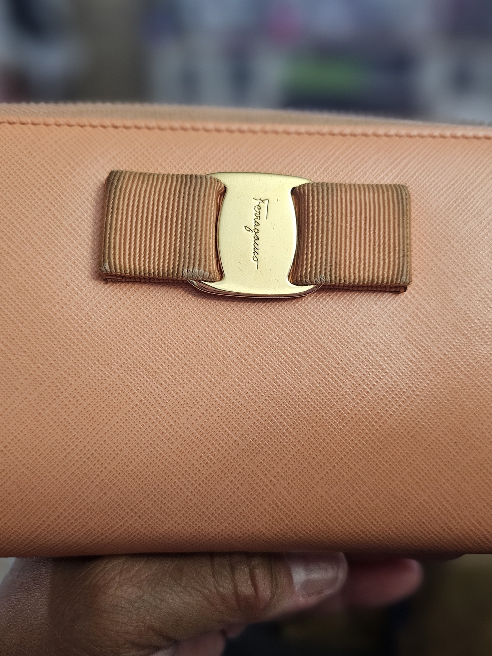 Salvatore Ferragamo Peach Leather Wallet with Gold Vara Bow